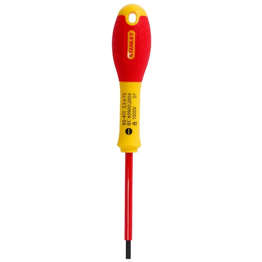 STANLEY 1-65-411 insulated flathead screwdriver with red and yellow handle, front angle, white background.