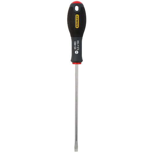 Stanley flathead screwdriver with black handle and metal shaft, model 1-65-483 is shown upright.