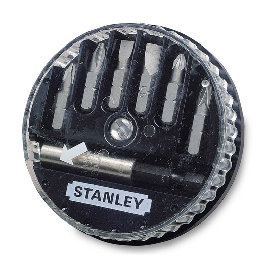 Round STANLEY box with six assorted screwdriver bits and adapter inside clear plastic cover.