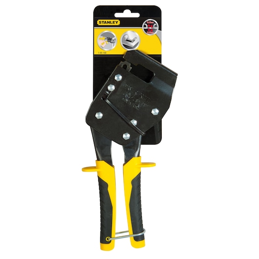 STANLEY 1-69-100 sheet metal pliers with yellow and black handles, front packaging view.