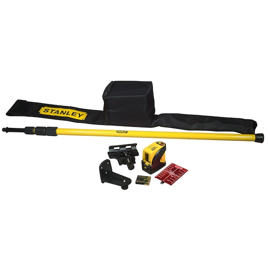 Photo of STANLEY 1-77-123 photography kit with yellow tripod pole, laser level, mounting brackets, target card, pouch, and carry bag.