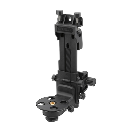 Black Stanley adjustable mounting bracket for photography, suitable for positioning devices or equipment.