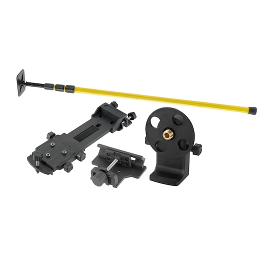STANLEY 1-77-221 photography mounting kit with yellow telescopic pole, black clamps, and mounting adapters, front view.