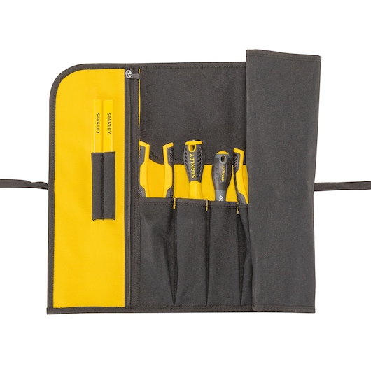 STANLEY 1-93-601 tool roll with yellow and black canvas, holding screwdrivers and tools, top view on white background.