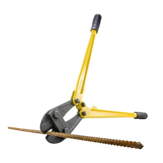 STANLEY 1-95-564 bolt cutter with yellow handles, cutting a steel rebar, front angle on white background.