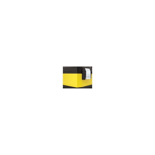 STANLEY 1-95-612 toolbox corner close-up showing yellow and black plastic body with white side latch.