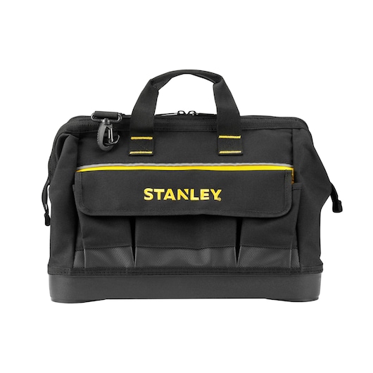 STANLEY 1-96-183 black tool bag with yellow accents, front pockets, and dual handles, front angle, white background.