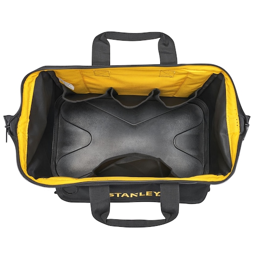 STANLEY 1-96-183 tool bag top view with yellow lining, black handles, and internal compartments.