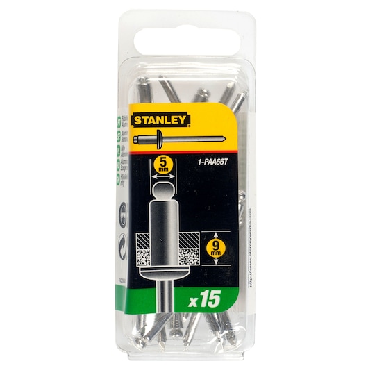 Photo of STANLEY 1-PAA66T pack of 15 metal rivets, 5mm diameter, in clear plastic packaging, front angle.