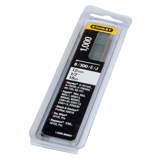 STANLEY 1-SWK-BN050T pack of 1000 12mm 18ga brad nails, photography, angled view on white background.