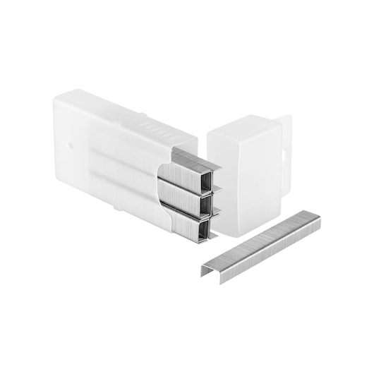 Pack of silver metal staples with a white plastic case, suitable for use in staplers.