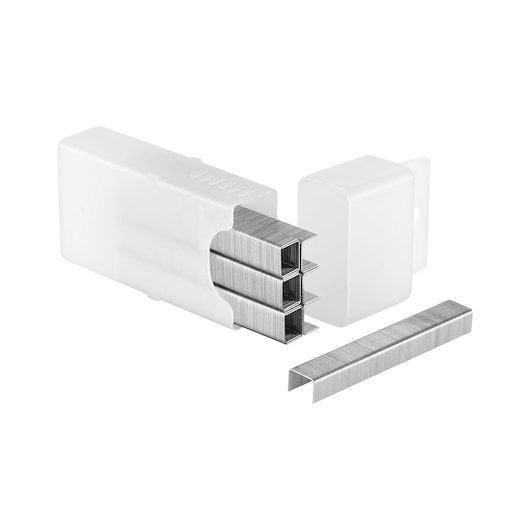 STANLEY 1-TRR135T silver staples in plastic case, product photography, angled view on white background.