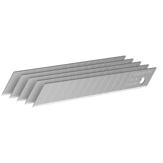 STANLEY 2-11-300 snap-off utility knife blades, pack of five, silver color, angled view, white background.