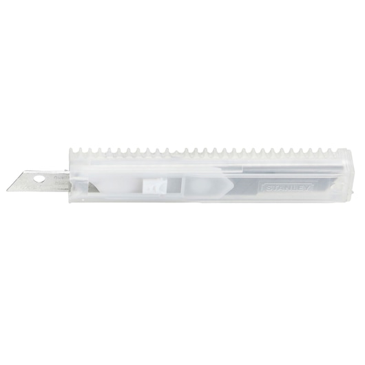 A clear plastic container holding a STANLEY utility knife blade with a visible metal blade. The container features a ridged