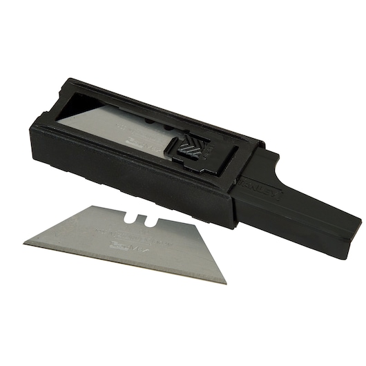 STANLEY 2-11-700 utility knife blades with dispensable black case, shown at an angle on white background.
