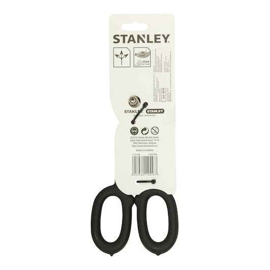 Photo of STANLEY 2-14-556 scissors in packaging, black handles, rear angle, white background.