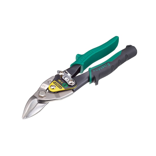 STANLEY 2-14-564 aviation snips with green and black handles, angled view on white background.