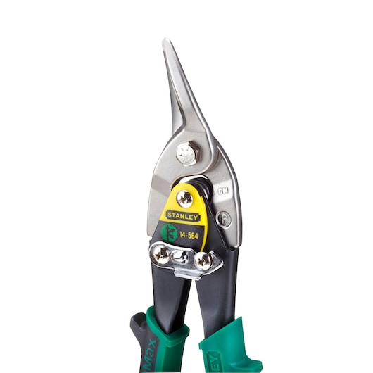 STANLEY 2-14-564 aviation snip, straight-cut, close-up photo on white background.