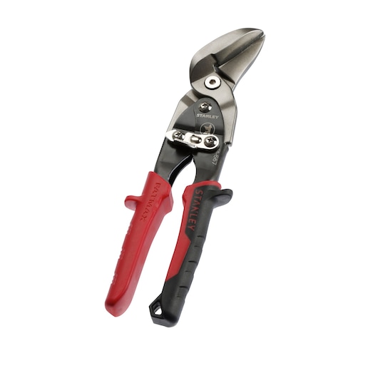 Stanley metal cutting snips with red and black handles, angled blades, shown on a white background.