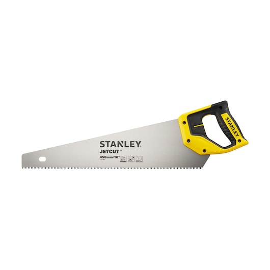 STANLEY 2-15-283 Jetcut hand saw, 450mm blade, yellow and black handle, side view, photography.