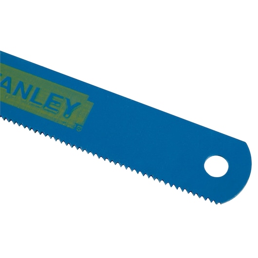 STANLEY 2-15-558 blue hacksaw blade segment with fine teeth, close-up angle, on white background.
