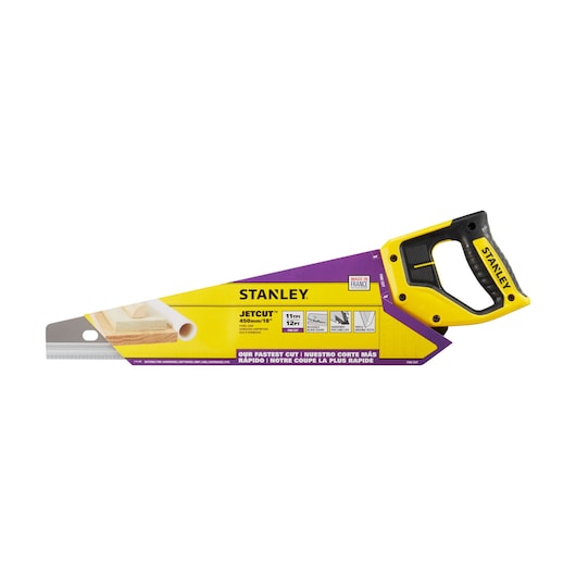 Photo of STANLEY 2-15-595 JetCut hand saw, 450mm, yellow and black, side angle, with packaging.