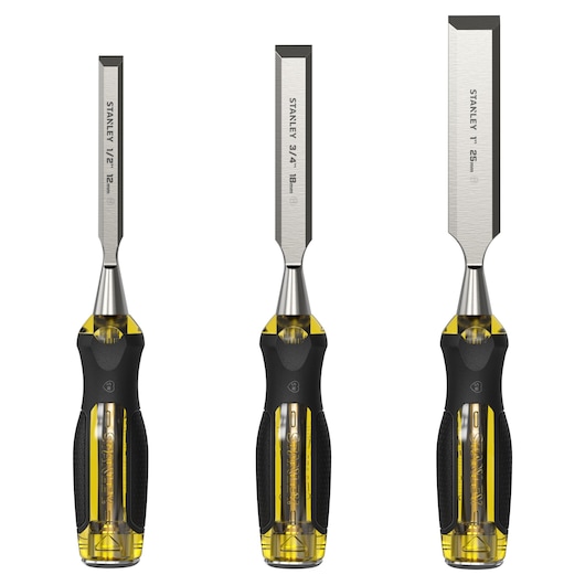 STANLEY 2-16-268 chisel set with amber handles in a white plastic case, angled view, product photography.