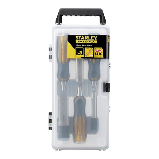 STANLEY 2-16-268 chisel set in transparent plastic case, top view, with visible branding and handle.