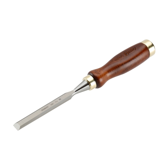 STANLEY 2-16-386 wood chisel with beveled steel blade and polished wooden handle, side angle on white background.