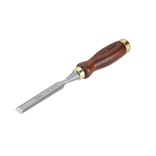 A wood chisel with a metal blade and polished wooden handle, featuring brass accents on both ends.