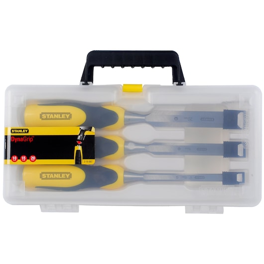 STANLEY 2-16-887 chisel set in yellow plastic case, photographed from front on white background.