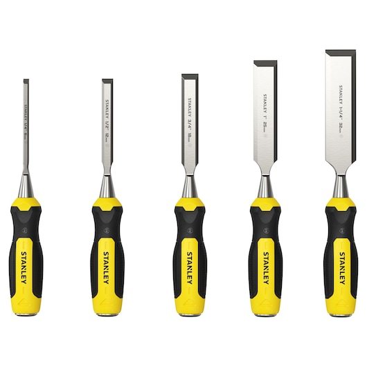 STANLEY 2-16-888 chisel set with five chisels, yellow and black handles, side angle, woodworking tools.