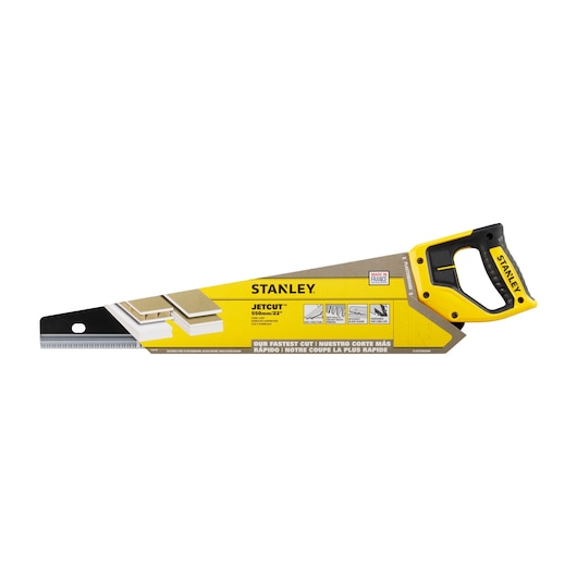 Stanley 2-20-149 JetCut hand saw, yellow and black handle, side angle, photography category.