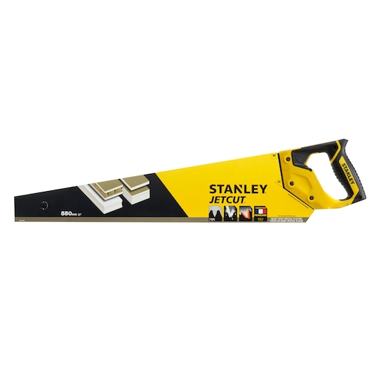 Photo of STANLEY 2-20-149 JetCut hand saw, yellow and black, front angle on white background.