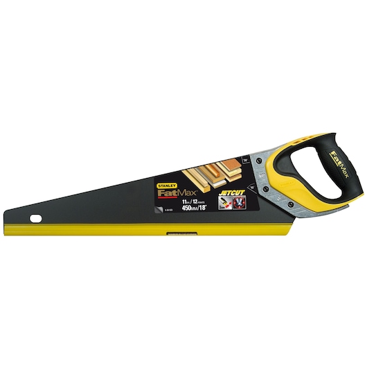 STANLEY 2-20-533 hand saw FatMax JetCut, yellow and black, side angle, ergonomic handle
