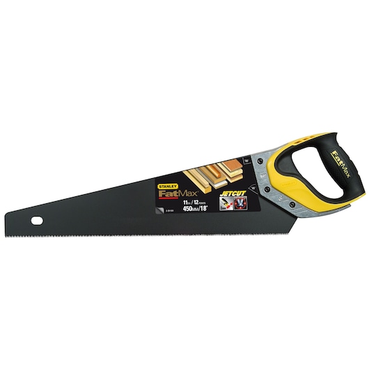 STANLEY FatMax 2-20-533 hand saw with black blade, yellow and black ergonomic handle, side view, white background.