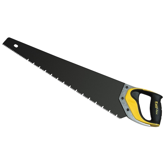 Stanley FatMax hand saw with a yellow and black handle and sharp teeth for cutting wood.