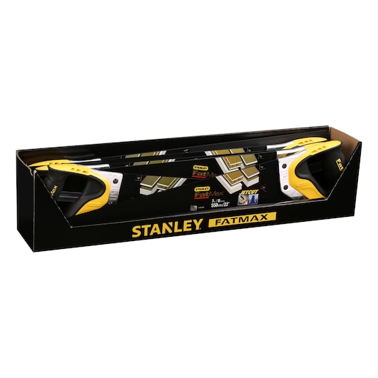 Stanley FatMax hand saw in a black and yellow retail box, featuring ergonomic handles and JetCut branding.