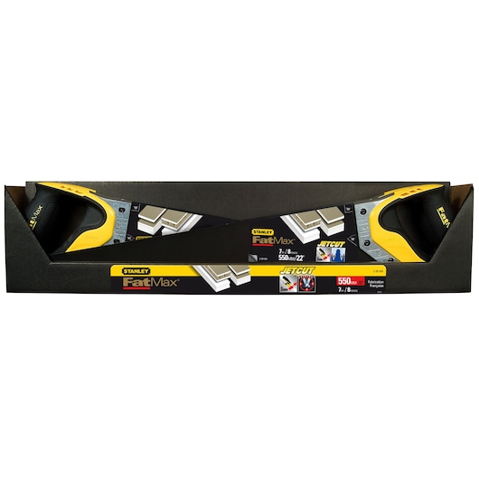 Stanley FatMax JetCut hand saw in black and yellow packaging, 550mm length, suitable for wood cutting.