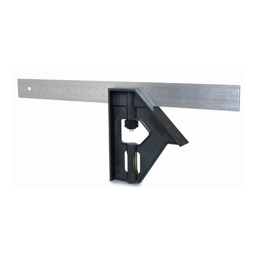 Stanley combination square with metal ruler and black handle for measuring and marking angles.