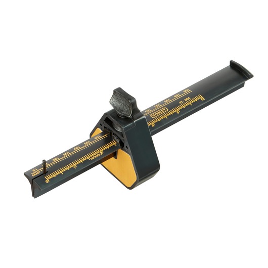 Black and yellow marking gauge tool with ruler and adjustable slider for precise measurements.
