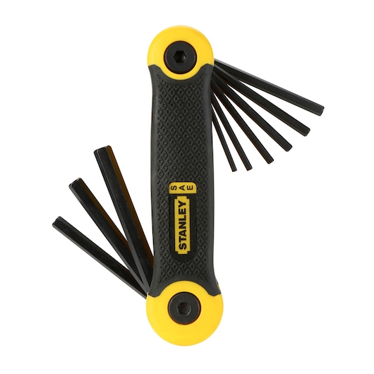 Stanley foldable hex key set with black keys and yellow black handle, keys extended on both sides.