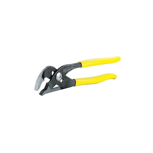 Photo of STANLEY 2-84-301 groove joint pliers with yellow handles, angled on white background.