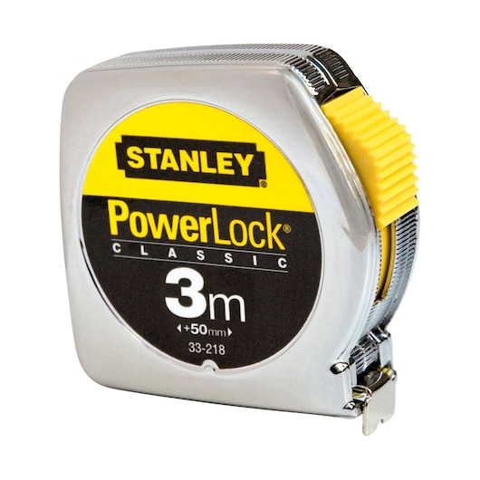 Stanley PowerLock Classic tape measure with 3m length and silver case, yellow button, black label.