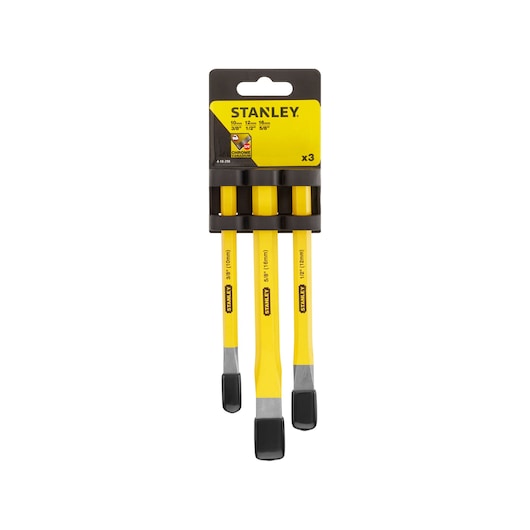 STANLEY 4-18-298 chisel set, three yellow and black chisels in retail packaging, front view, hand tool category.
