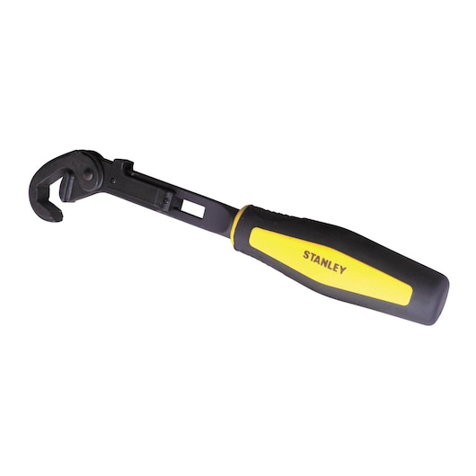 Stanley adjustable wrench with black and yellow handle, suitable for tightening or loosening nuts and bolts.