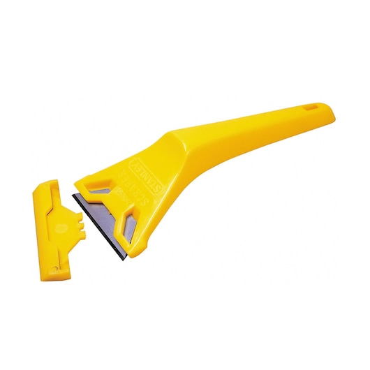 STANLEY 4-98-020 yellow scraper with blade cover, side angle, plastic handle, white background.