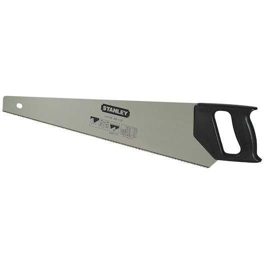 Stanley 6-97-055 hand saw with black handle, side view, silver blade with printed icons and logo.