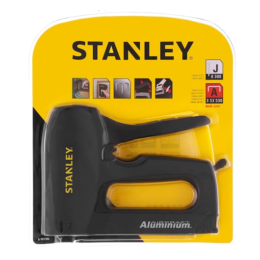 Photo of STANLEY 6-TR150L aluminum stapler in retail packaging, side angle, black and yellow design.