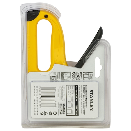 Photo of STANLEY 6-TR35 staple gun in plastic packaging, yellow and black handle, product information visible, rear angle.